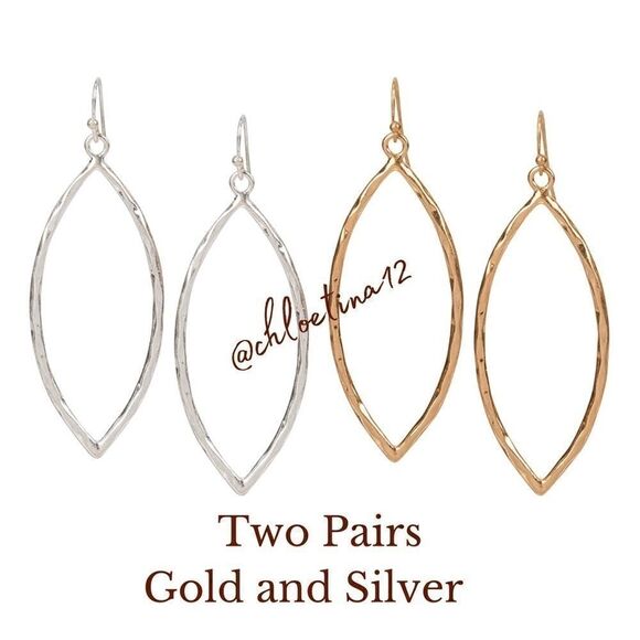 Two Pairs Boho Teardrop Dangle Earrings Silver and Gold Hammered Drop Earrings - Picture 1 of 6